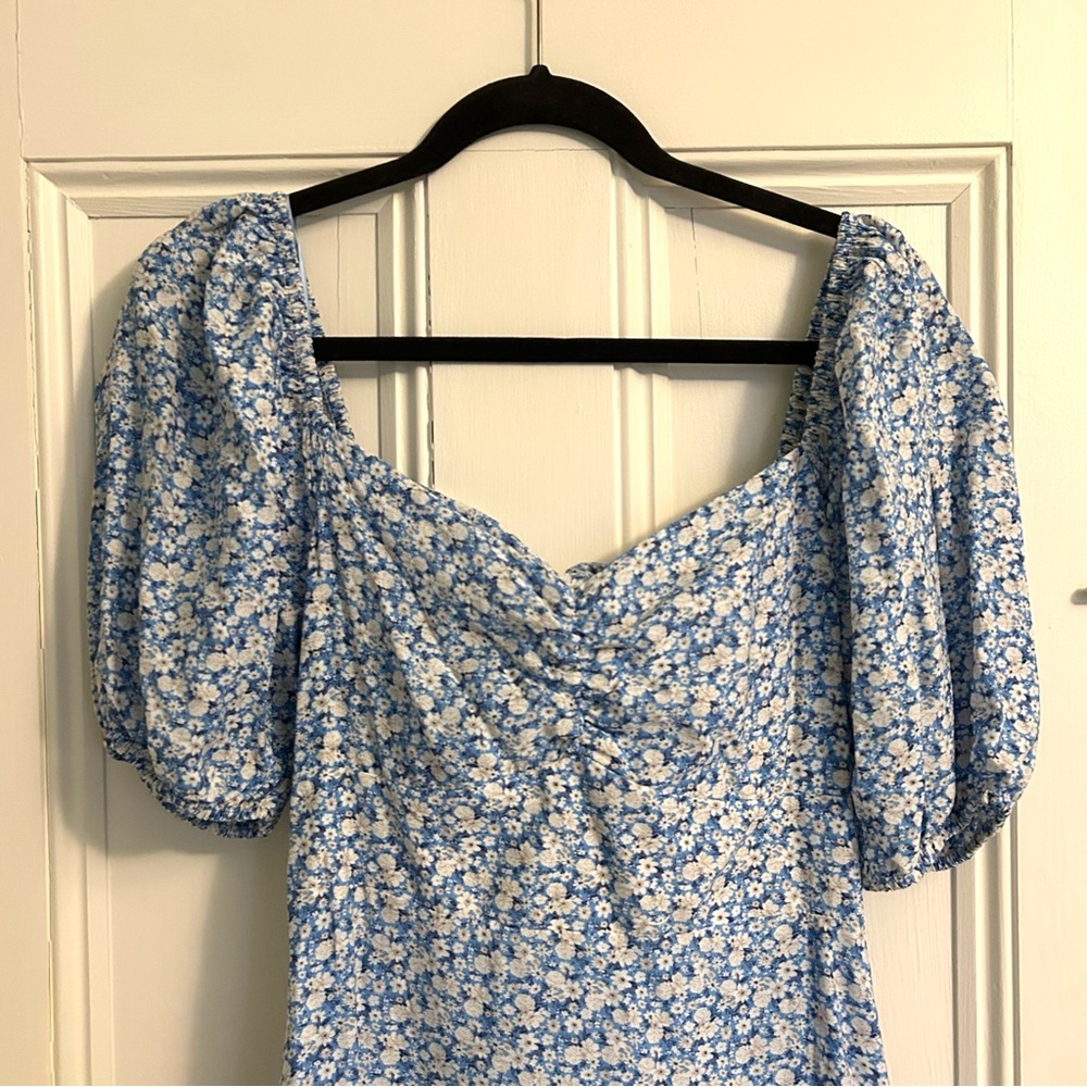 Blu Pepper Blue Floral Puff Sleeve Tie Back Elastic Dress